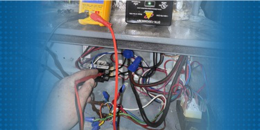 Illustration of a technician repairing a furnace unit in a home setting.